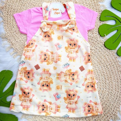 Conj. Blusa e Salopete Ursinha Chefe - Rosa